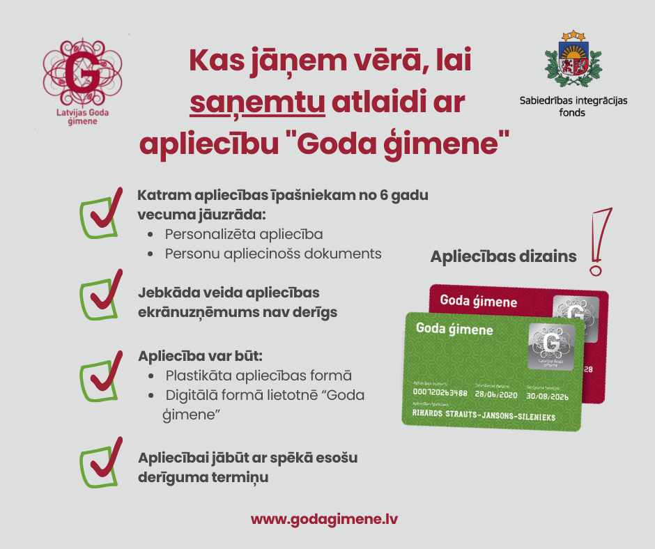 Kas jāņem vērā, lai saņemtu atlaidi ar apliecību “Goda ģimene”